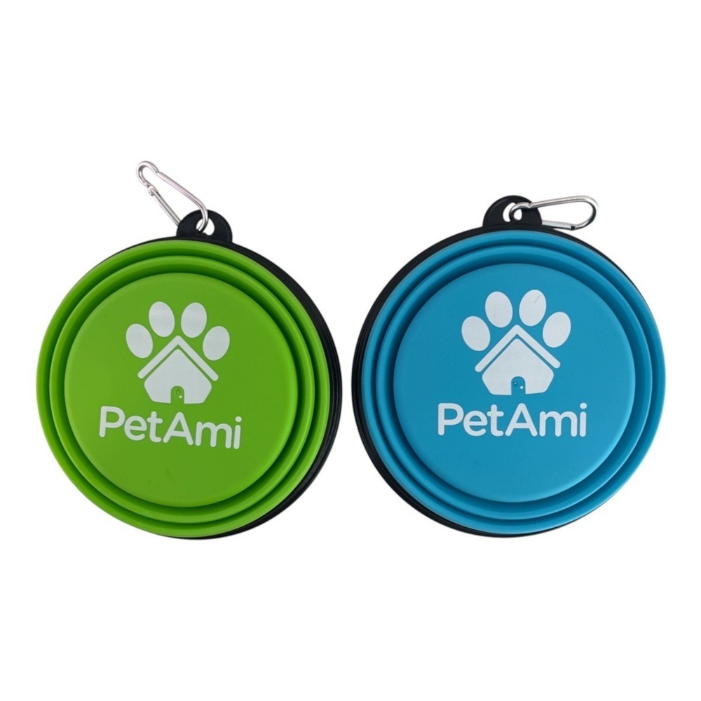 PetAmi 2 Pack Collapsible Silicone Dog Bowls Travel Portable Green Blue Clip